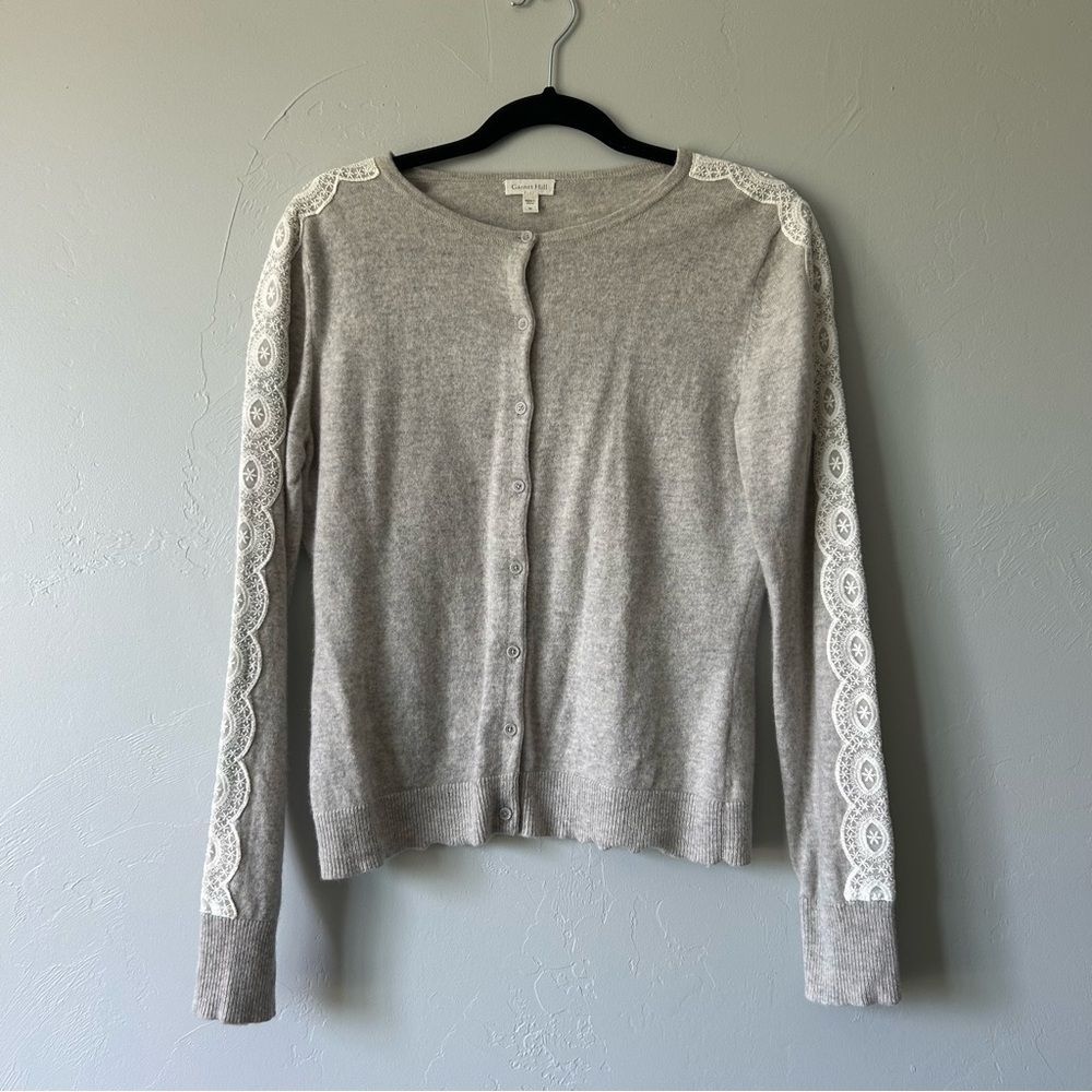 Garnet Hill Essential Cashmere Retro Lace Cardigan Sweater Grey Coquette Whimsy